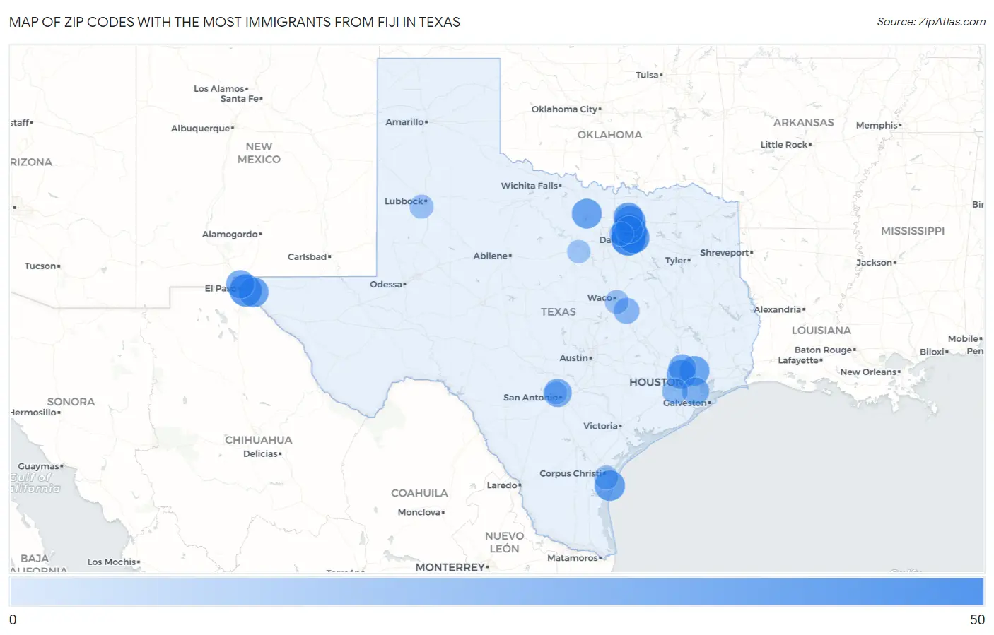 Zip Codes with the Most Immigrants from Fiji in Texas Map