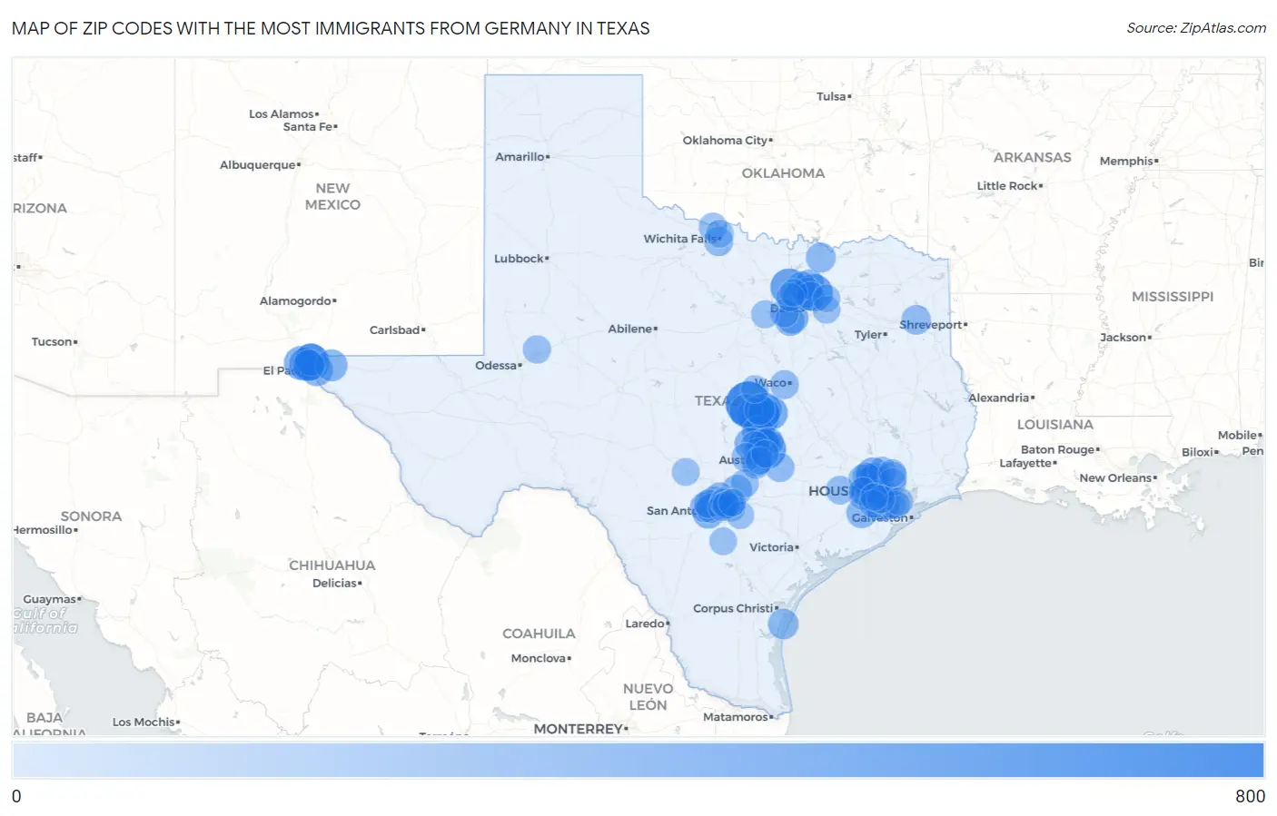 Zip Codes with the Most Immigrants from Germany in Texas Map