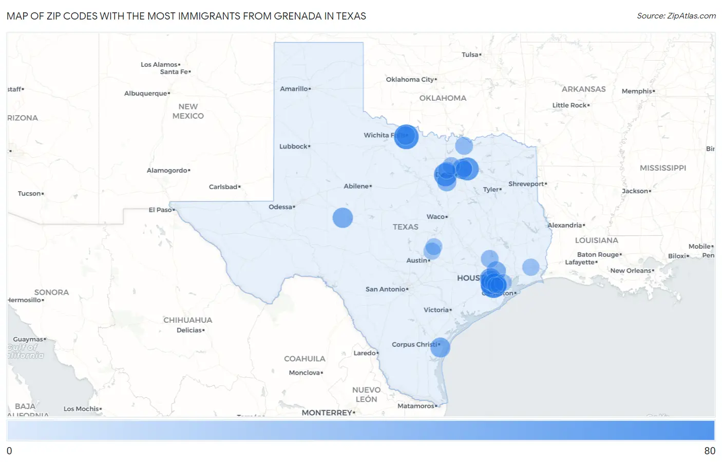 Zip Codes with the Most Immigrants from Grenada in Texas Map