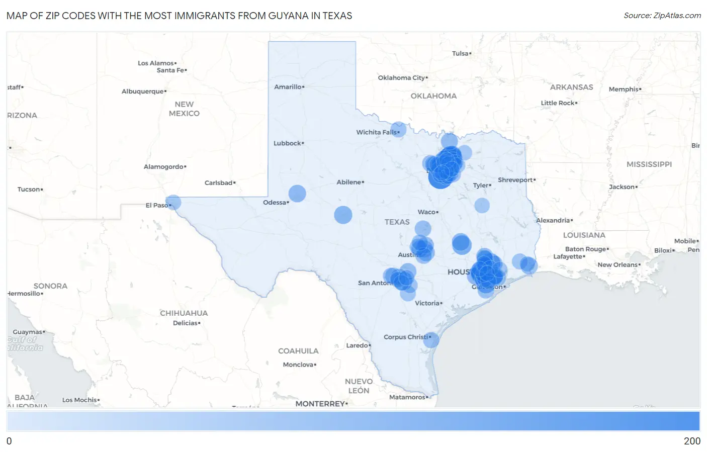Zip Codes with the Most Immigrants from Guyana in Texas Map