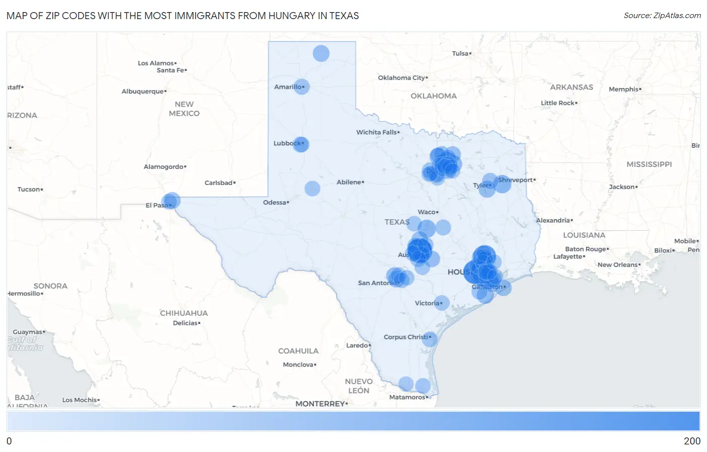 Zip Codes with the Most Immigrants from Hungary in Texas Map