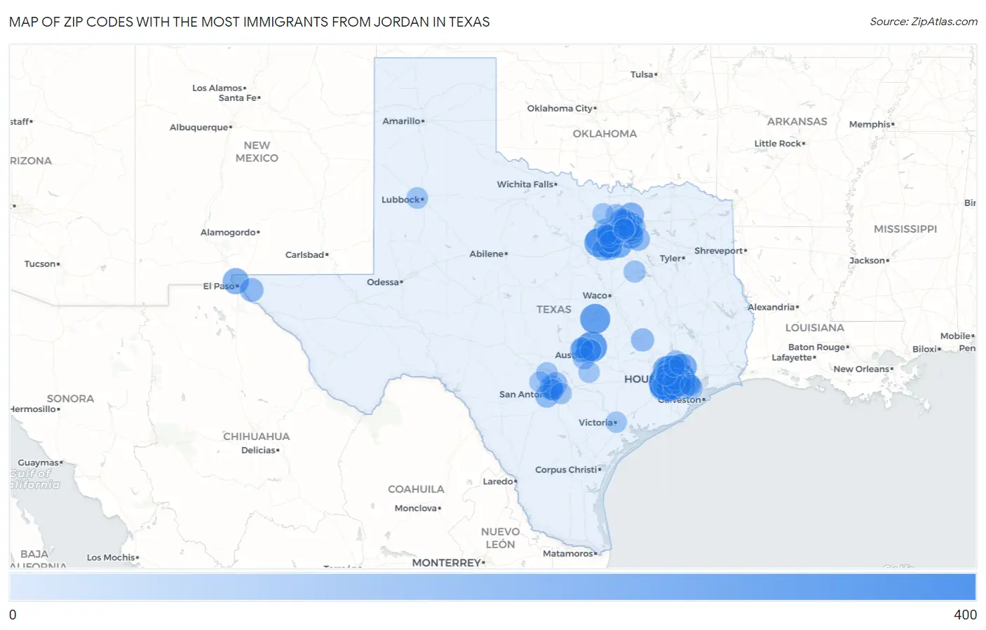 Zip Codes with the Most Immigrants from Jordan in Texas Map