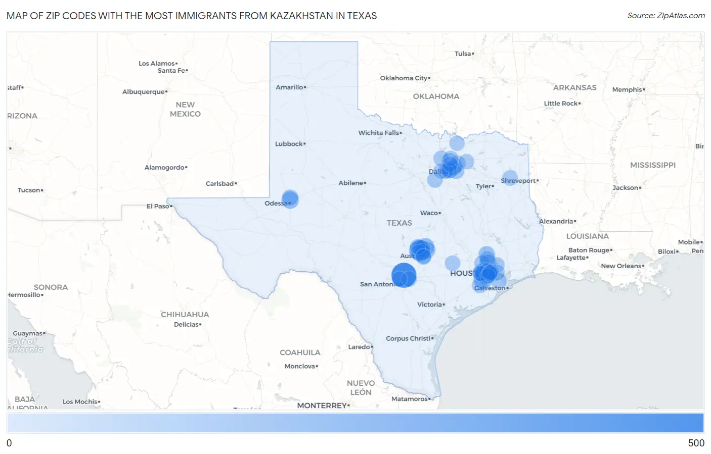 Zip Codes with the Most Immigrants from Kazakhstan in Texas Map