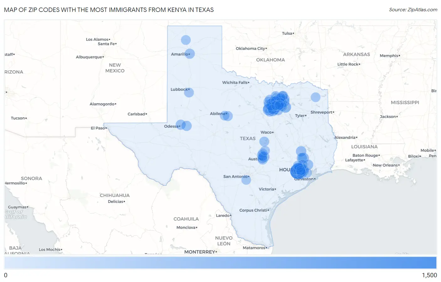 Zip Codes with the Most Immigrants from Kenya in Texas Map