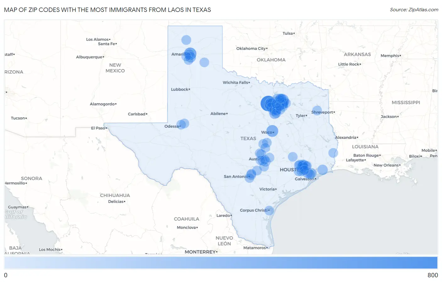 Zip Codes with the Most Immigrants from Laos in Texas Map