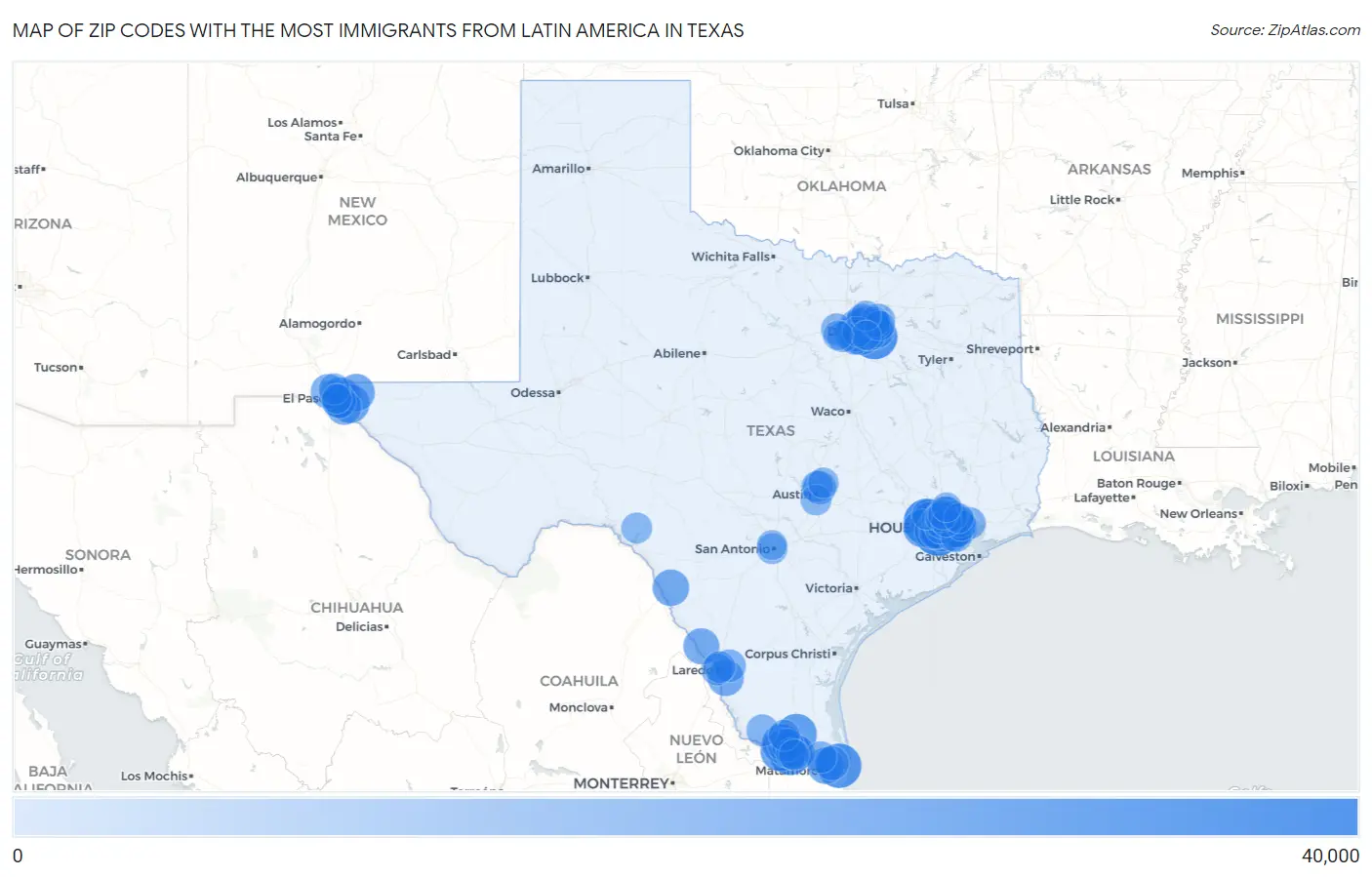 Zip Codes with the Most Immigrants from Latin America in Texas Map