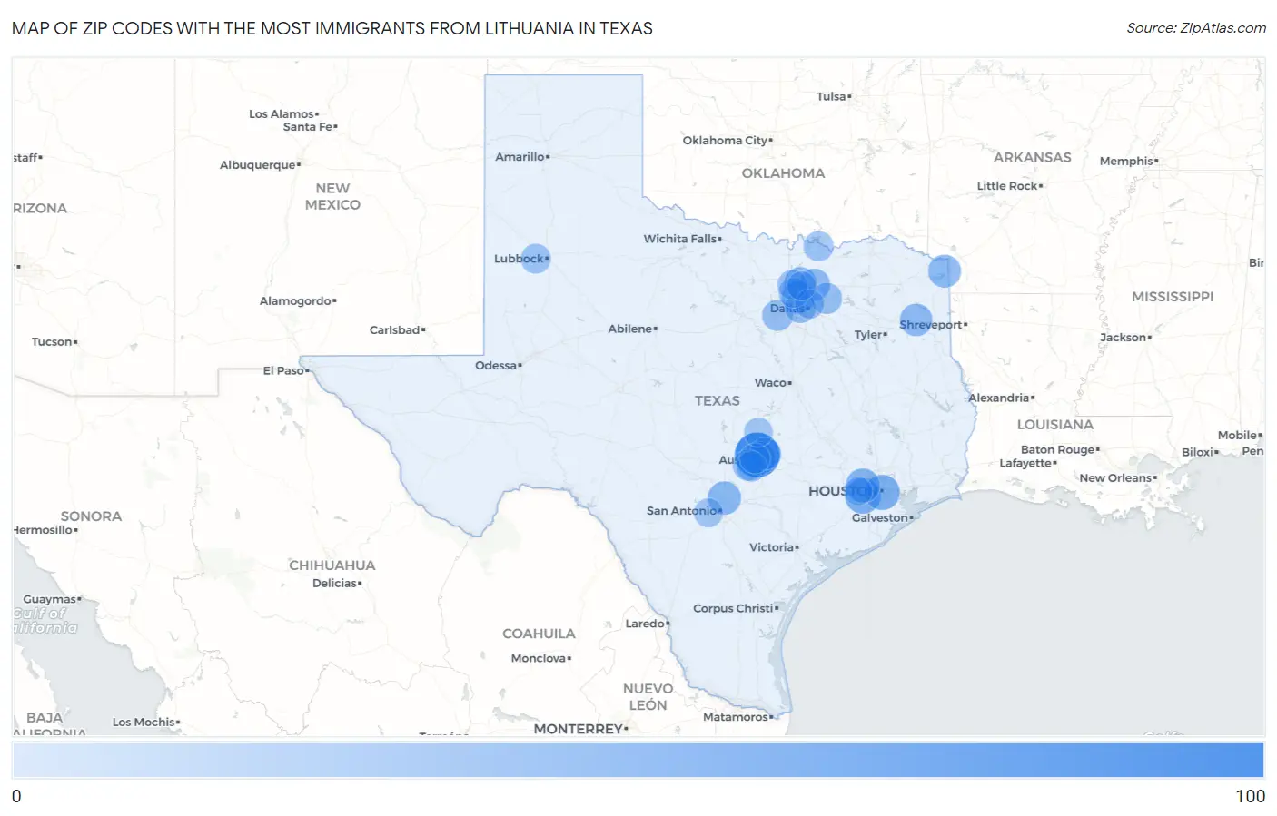 Zip Codes with the Most Immigrants from Lithuania in Texas Map