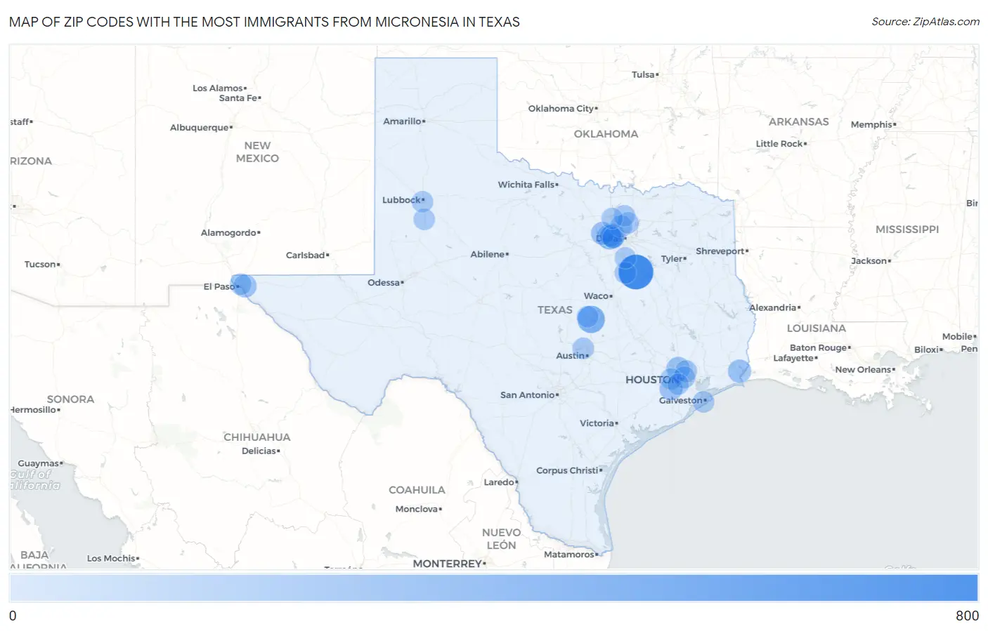 Zip Codes with the Most Immigrants from Micronesia in Texas Map