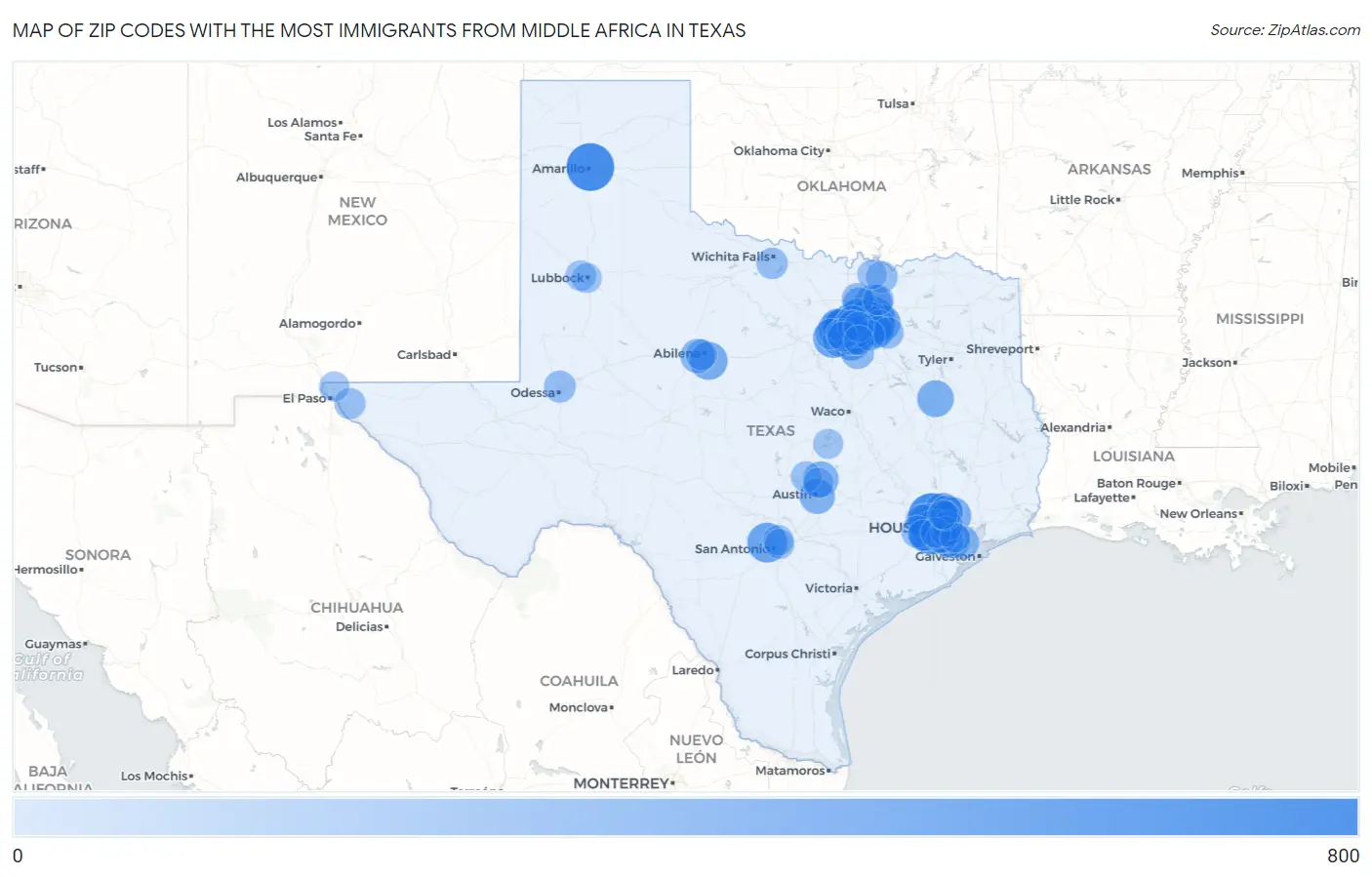 Zip Codes with the Most Immigrants from Middle Africa in Texas Map