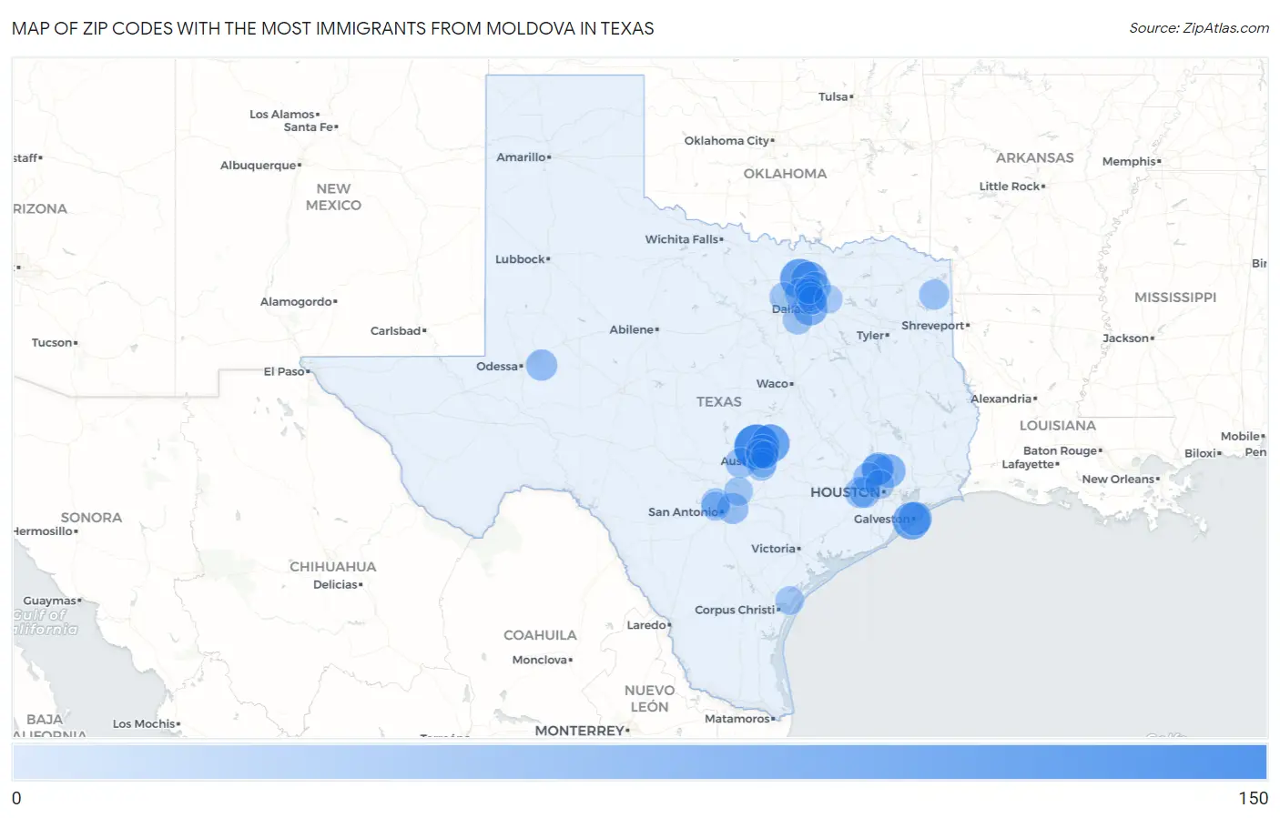 Zip Codes with the Most Immigrants from Moldova in Texas Map