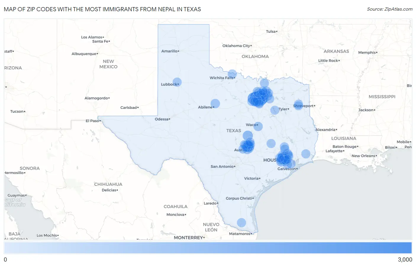 Zip Codes with the Most Immigrants from Nepal in Texas Map