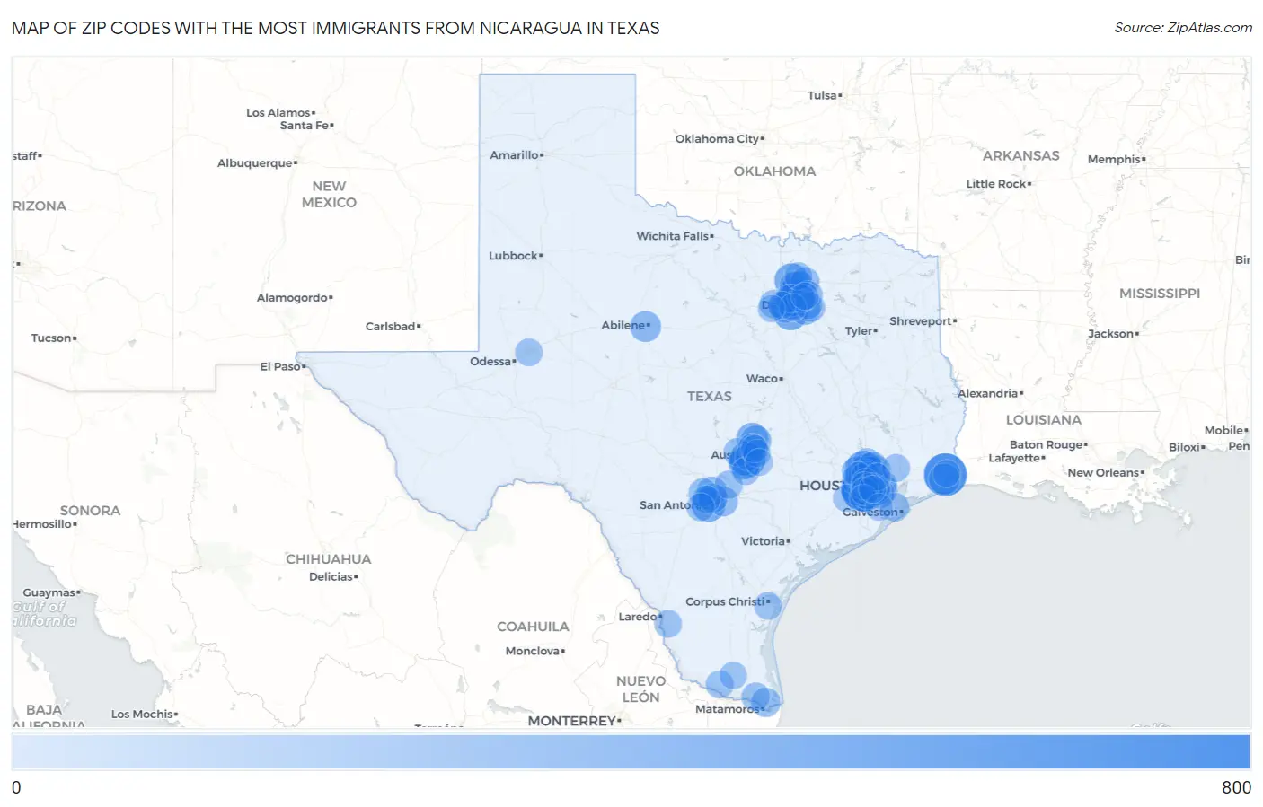 Zip Codes with the Most Immigrants from Nicaragua in Texas Map
