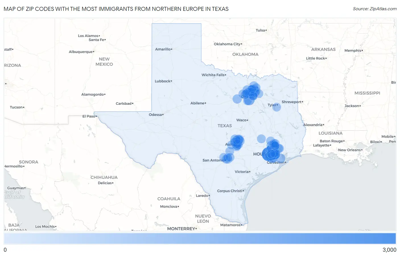 Zip Codes with the Most Immigrants from Northern Europe in Texas Map