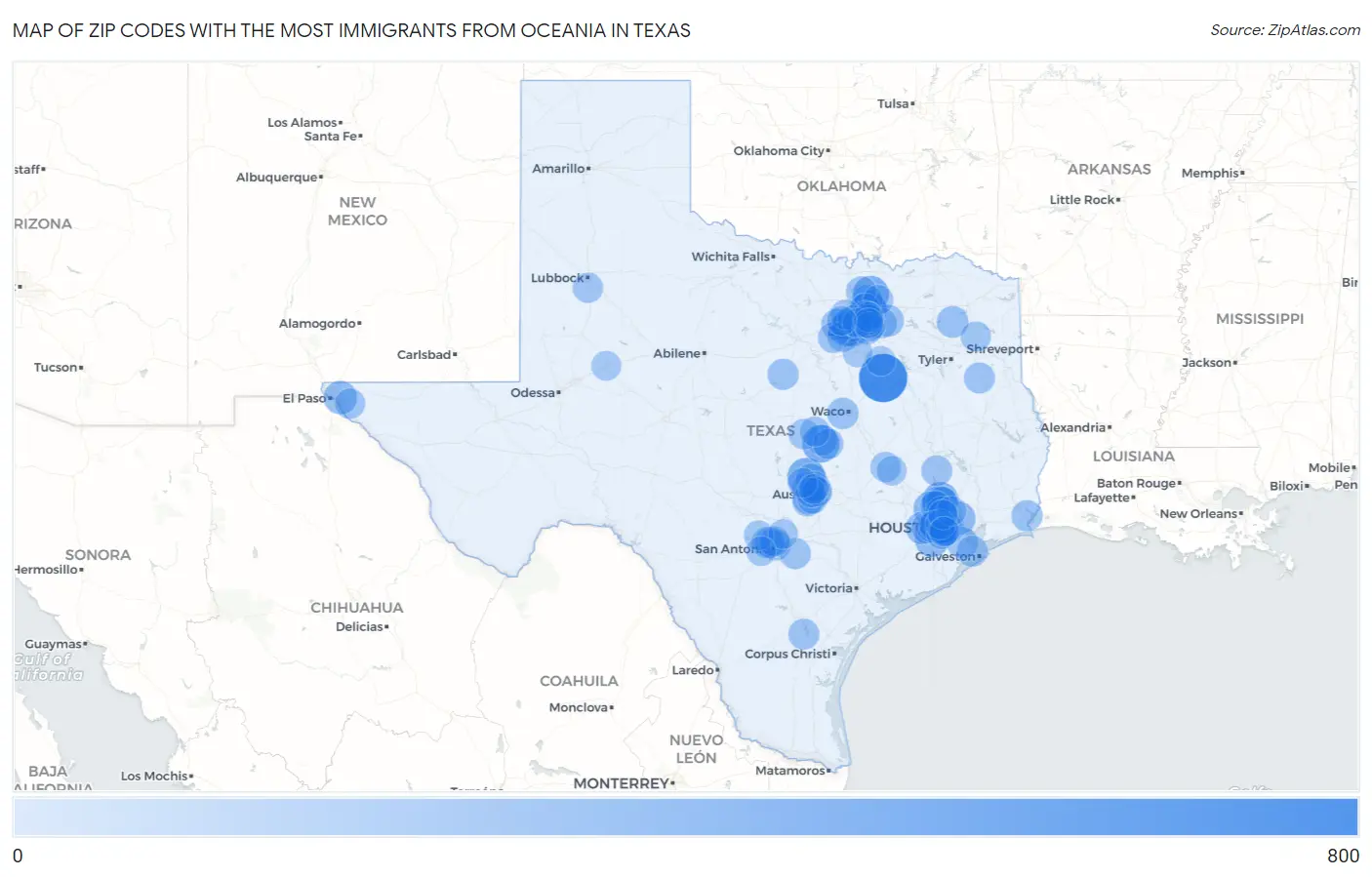 Zip Codes with the Most Immigrants from Oceania in Texas Map
