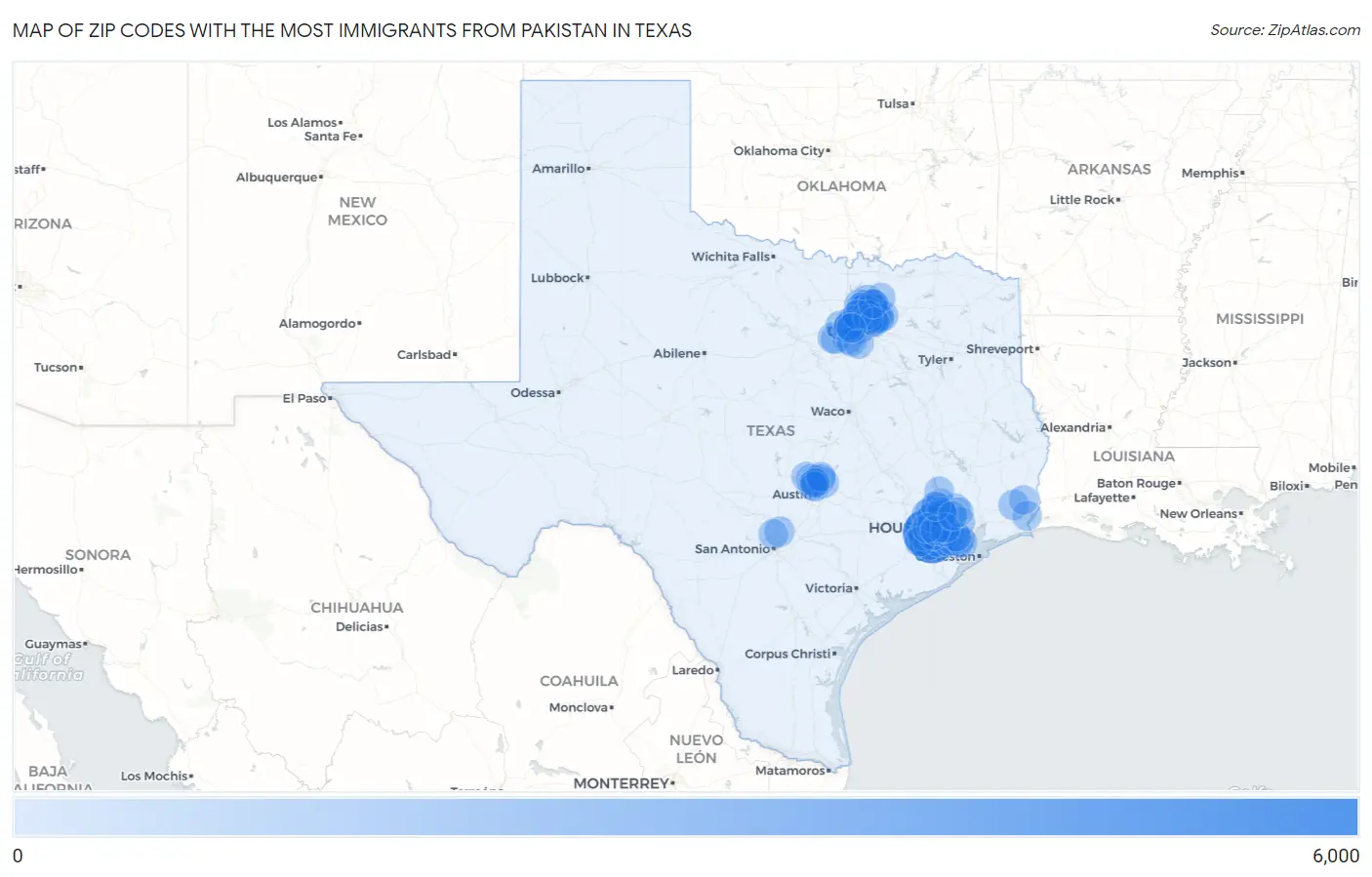 Zip Codes with the Most Immigrants from Pakistan in Texas Map