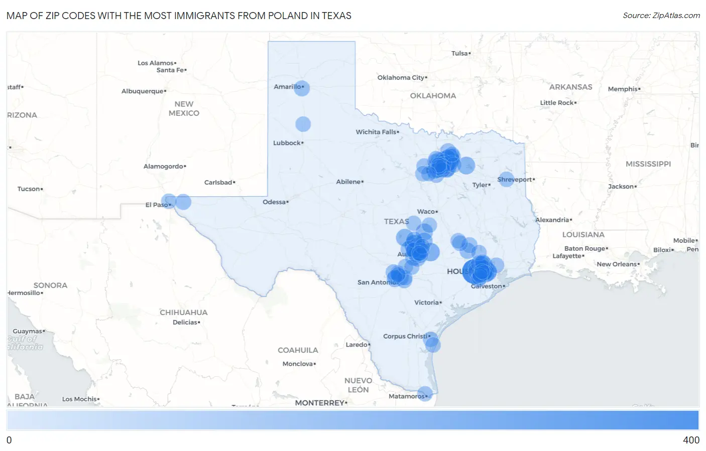 Zip Codes with the Most Immigrants from Poland in Texas Map
