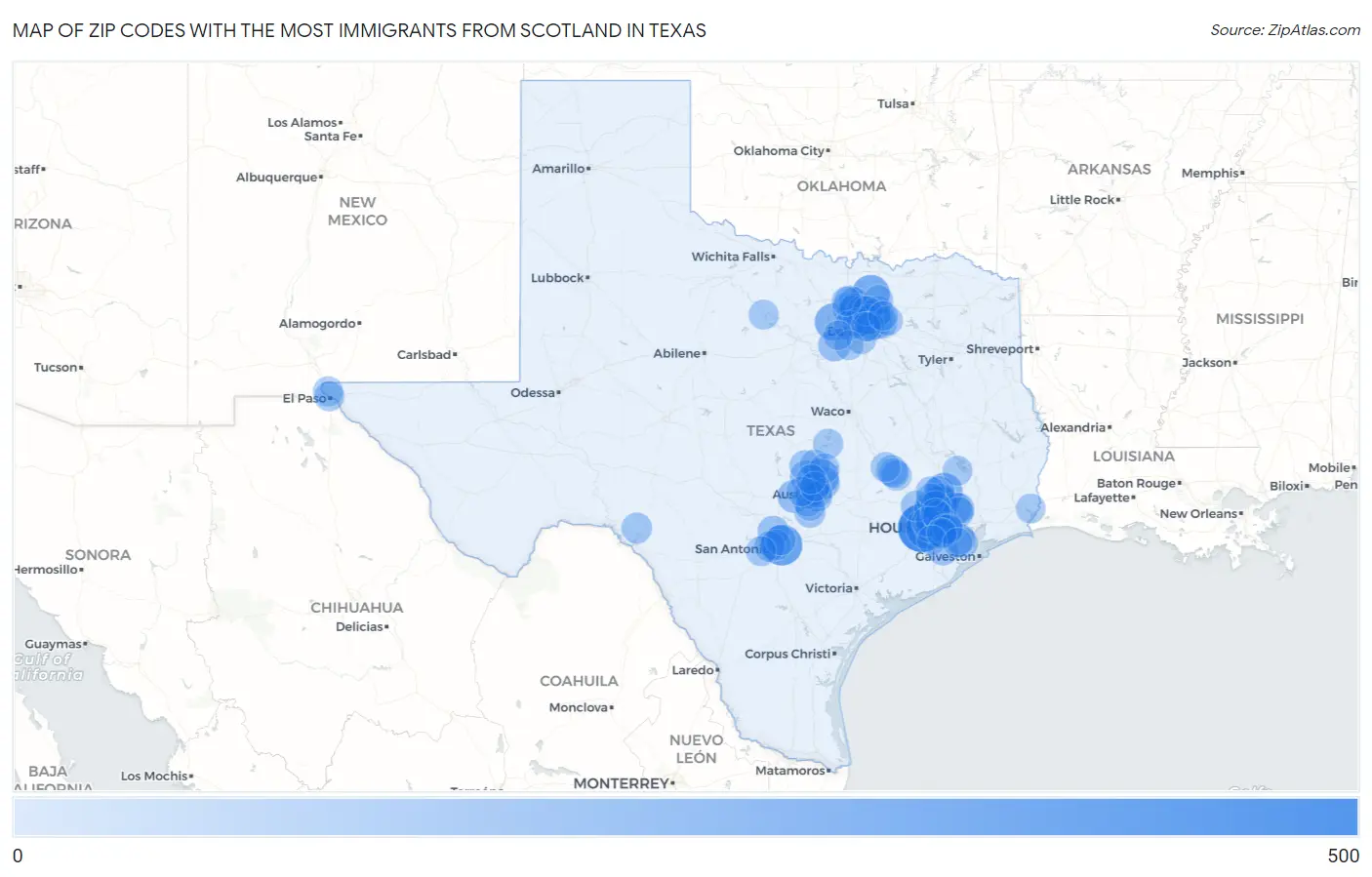 Zip Codes with the Most Immigrants from Scotland in Texas Map