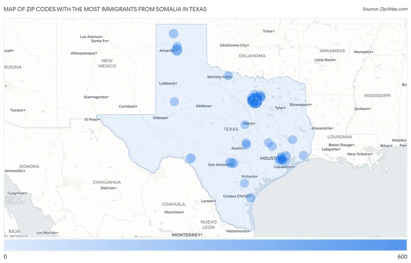 Zip Codes with the Most Immigrants from Somalia in Texas Map