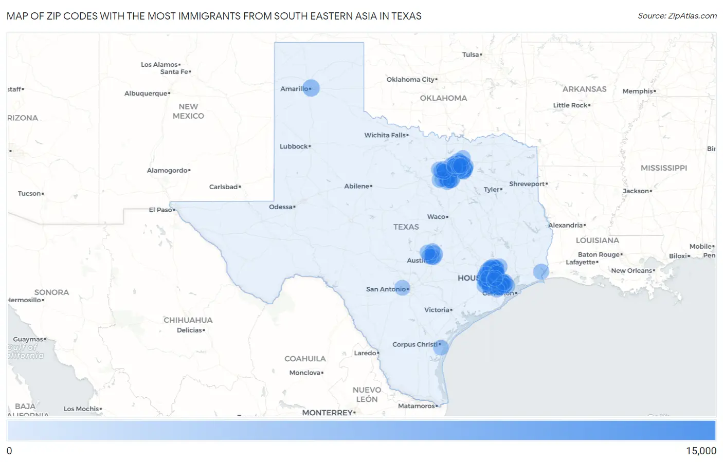 Zip Codes with the Most Immigrants from South Eastern Asia in Texas Map