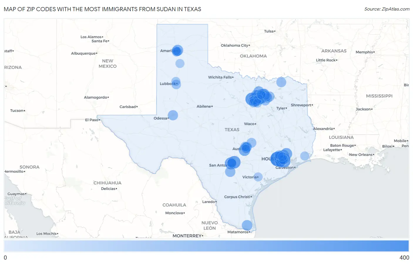 Zip Codes with the Most Immigrants from Sudan in Texas Map
