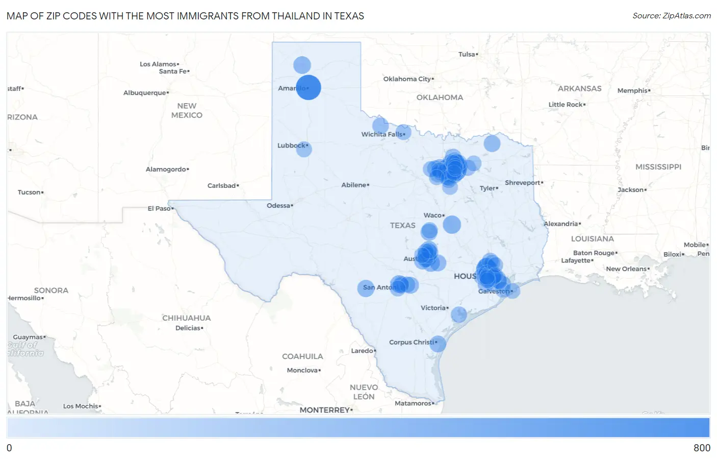 Zip Codes with the Most Immigrants from Thailand in Texas Map