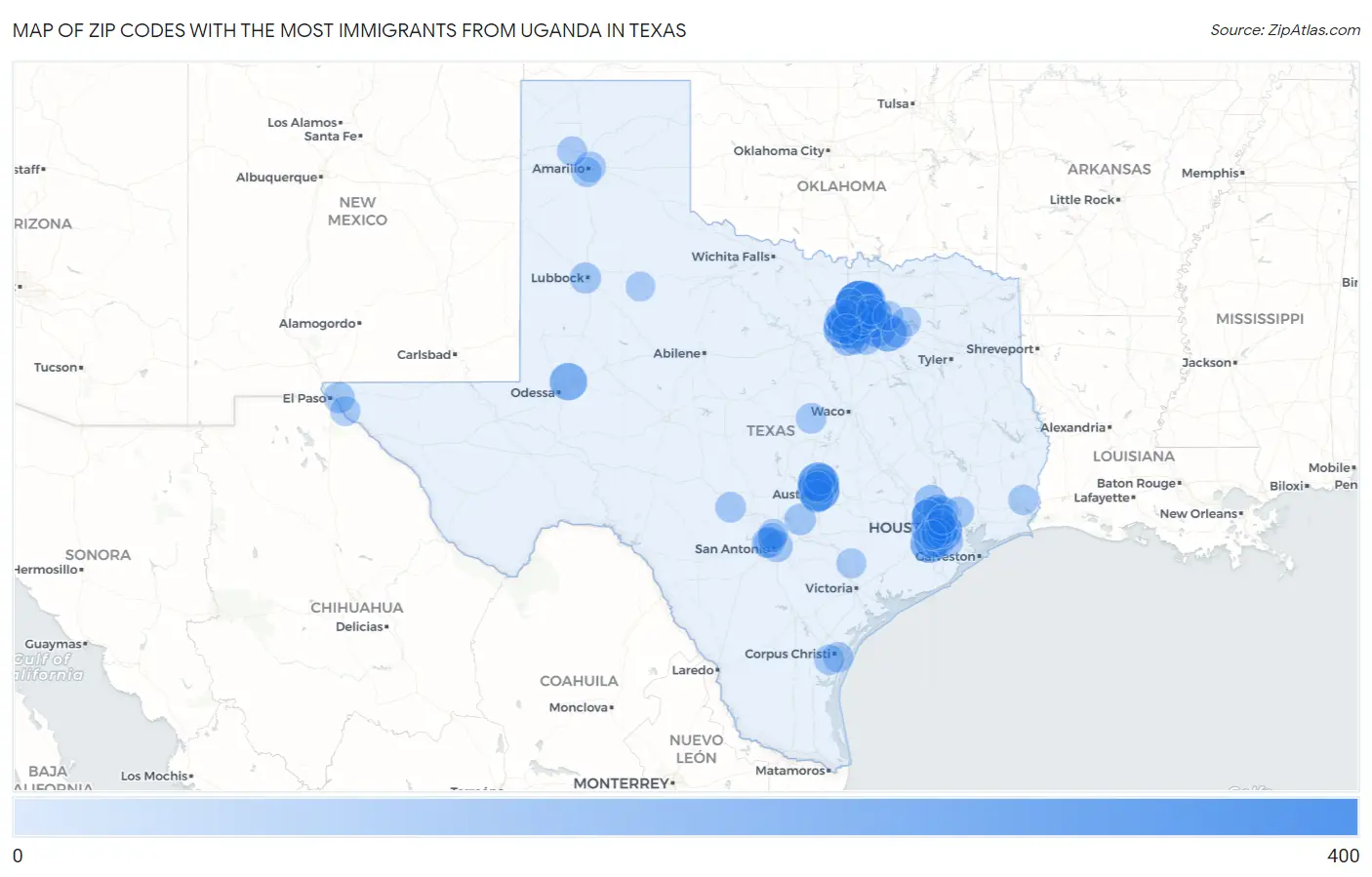Zip Codes with the Most Immigrants from Uganda in Texas Map