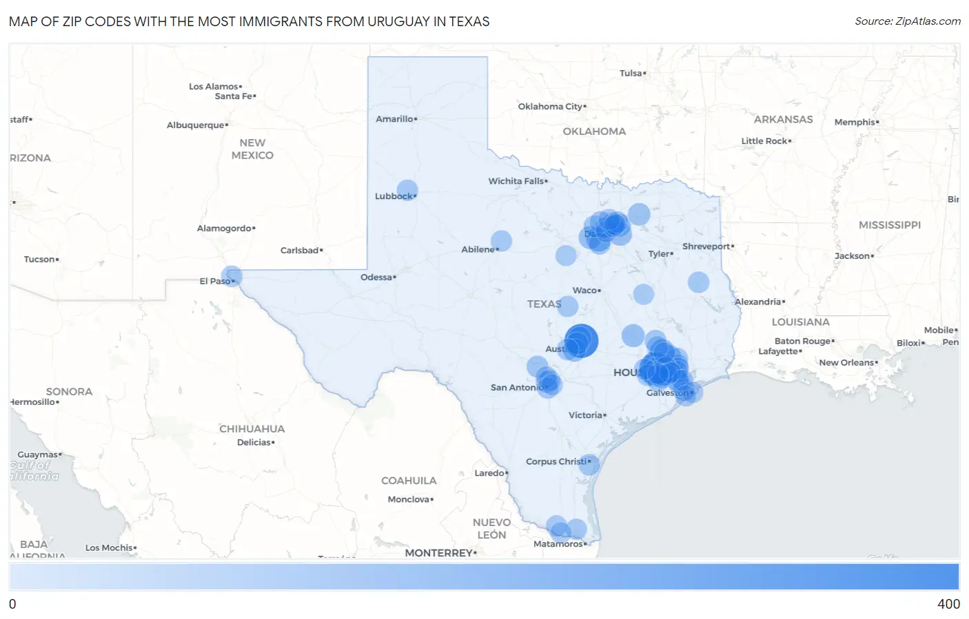 Zip Codes with the Most Immigrants from Uruguay in Texas Map