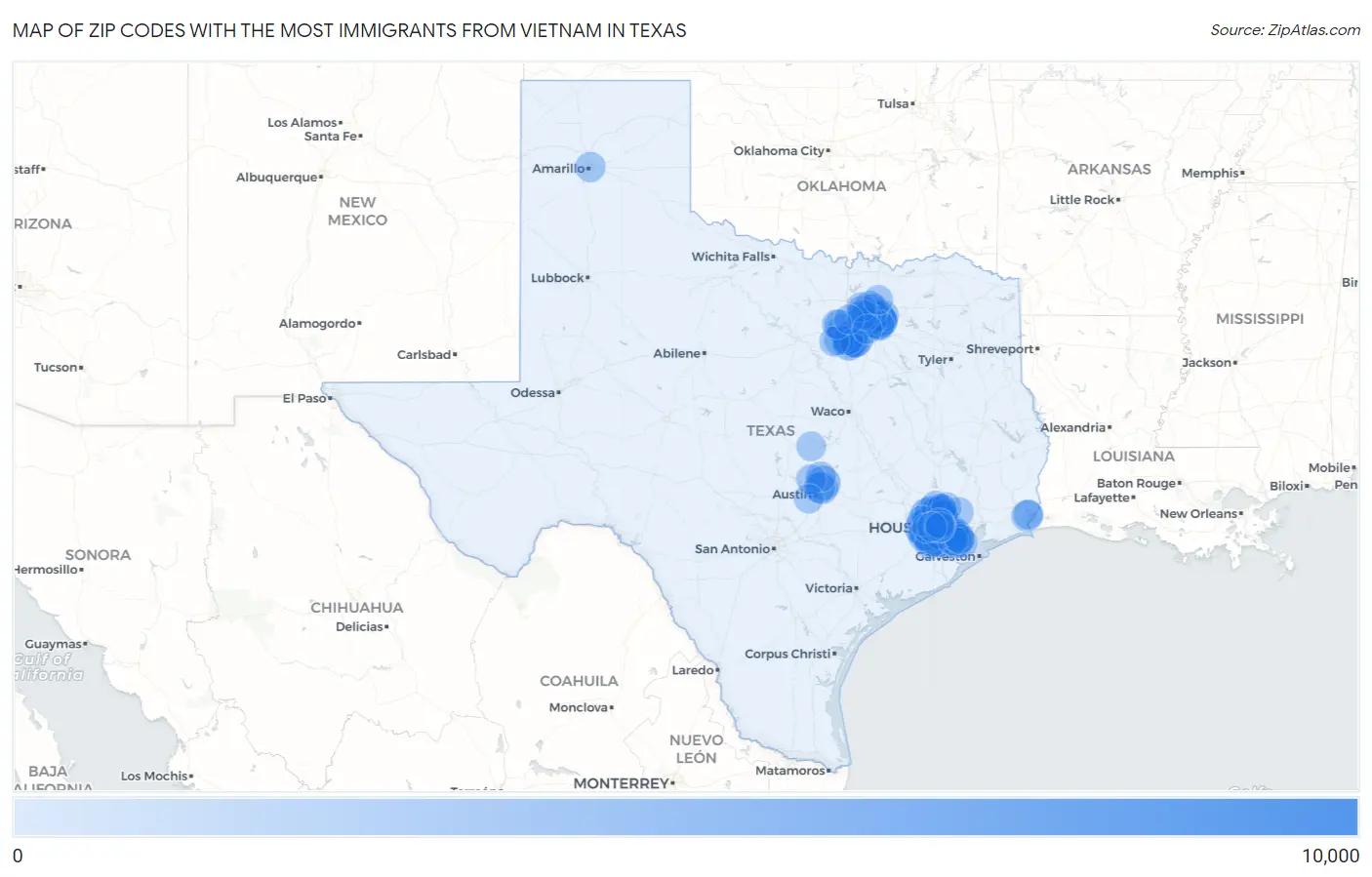 Zip Codes with the Most Immigrants from Vietnam in Texas Map