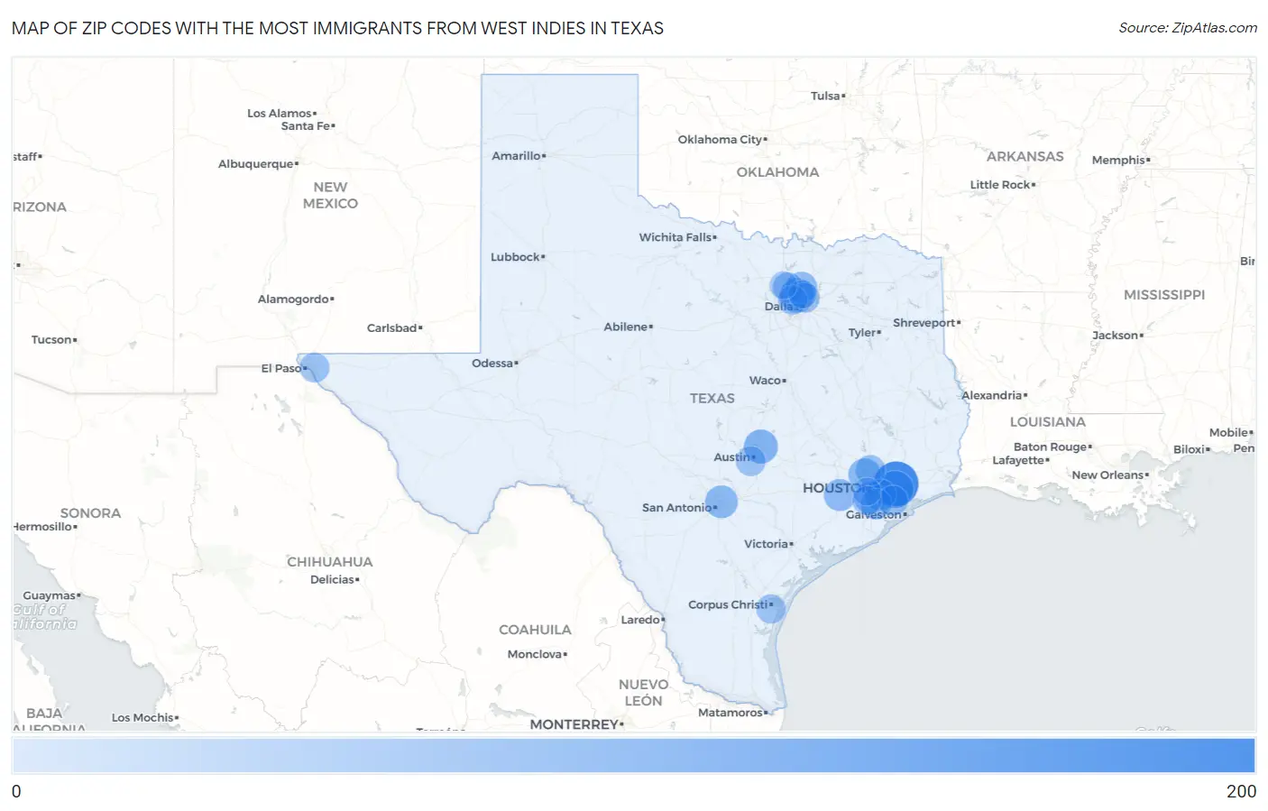 Zip Codes with the Most Immigrants from West Indies in Texas Map