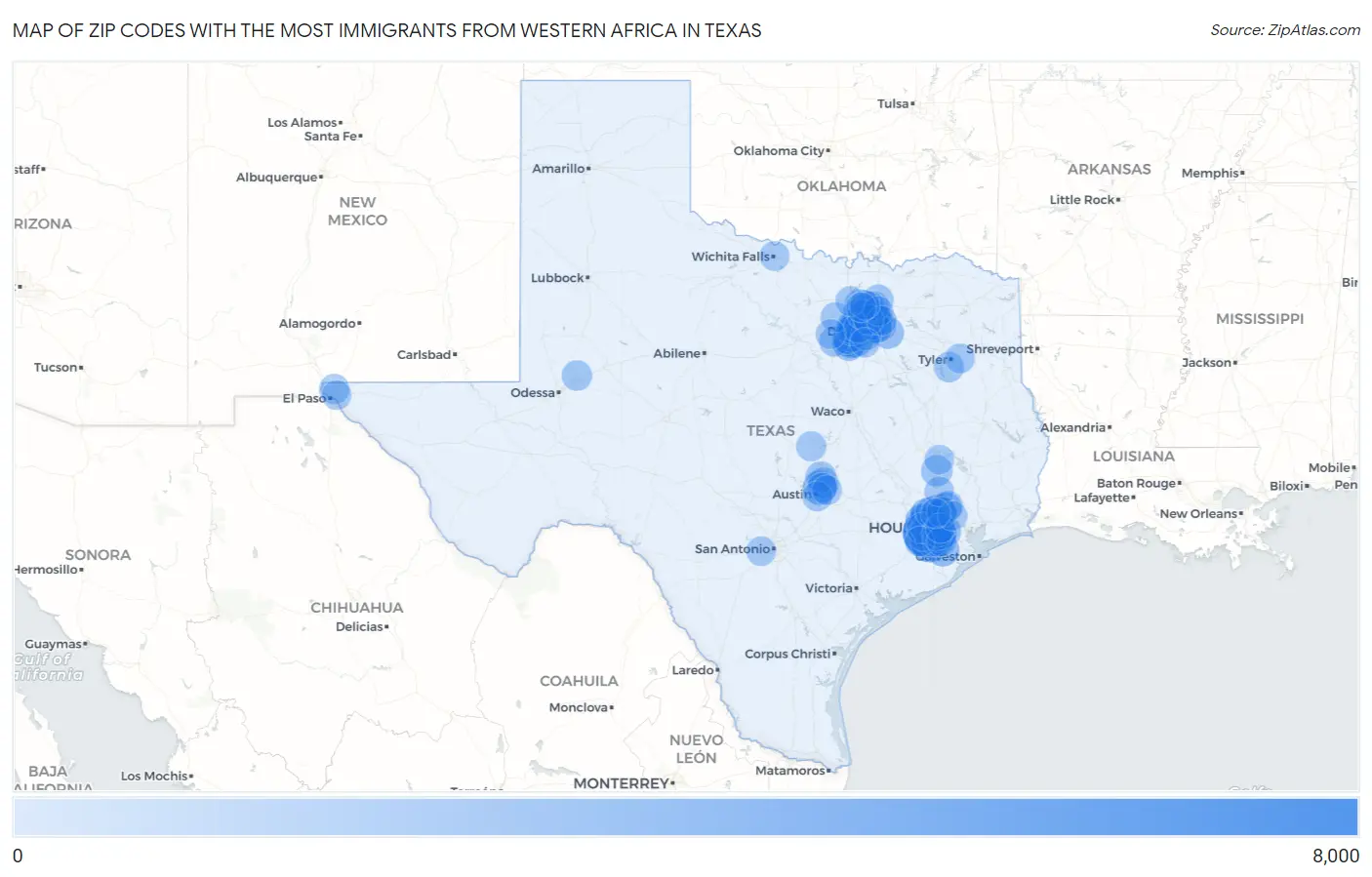 Zip Codes with the Most Immigrants from Western Africa in Texas Map
