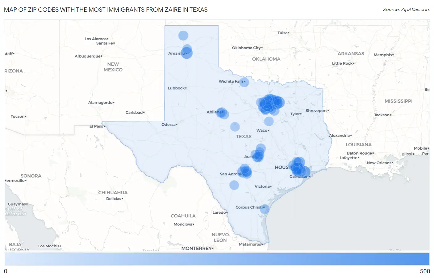 Zip Codes with the Most Immigrants from Zaire in Texas Map