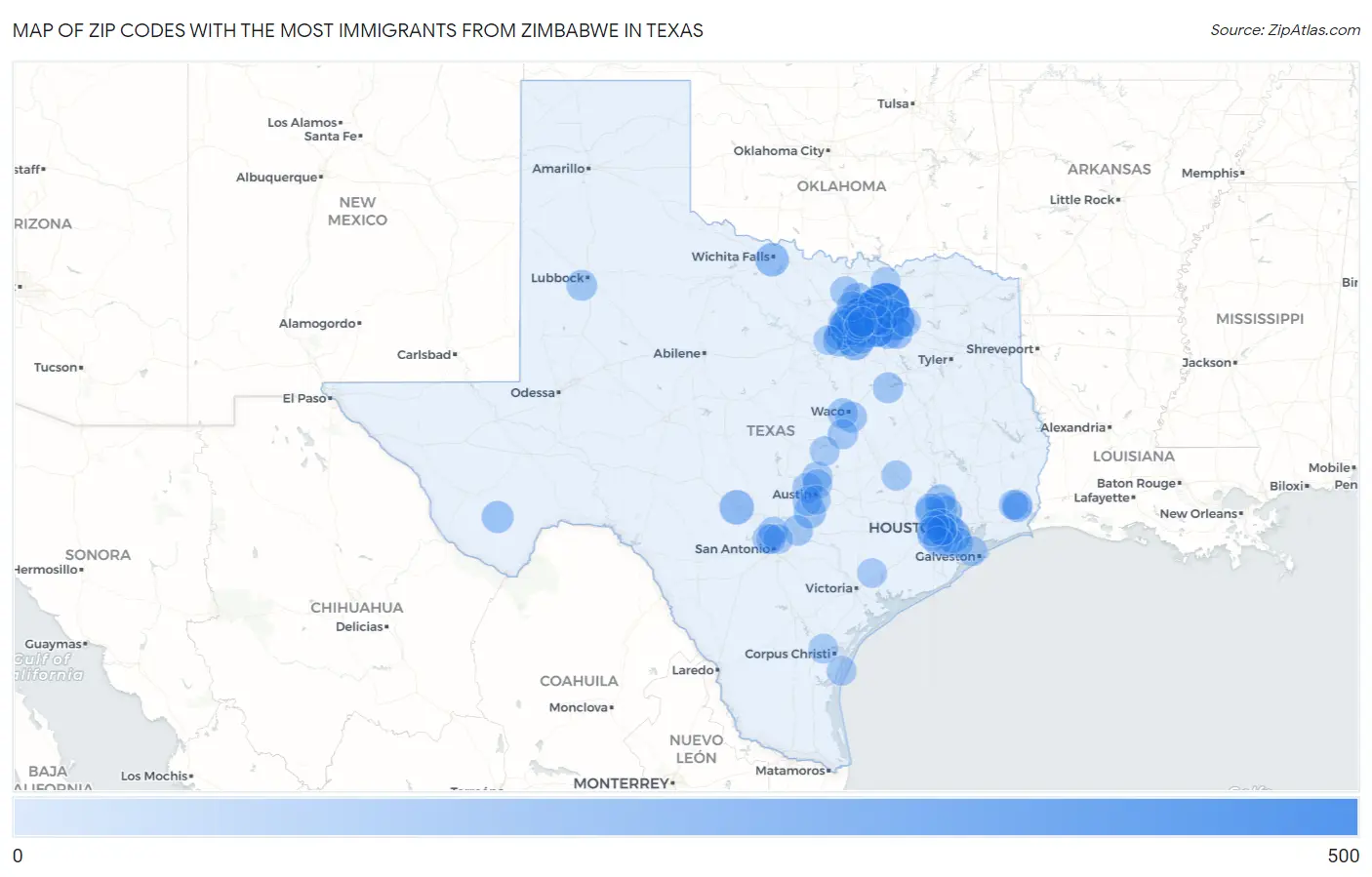 Zip Codes with the Most Immigrants from Zimbabwe in Texas Map