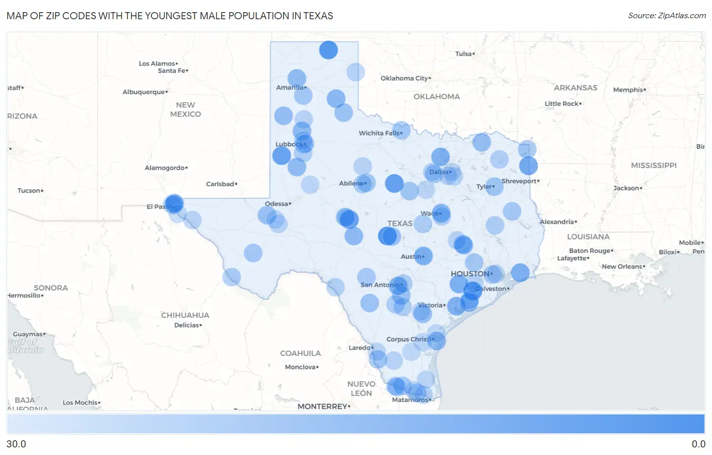 Zip Codes with the Youngest Male Population in Texas Map