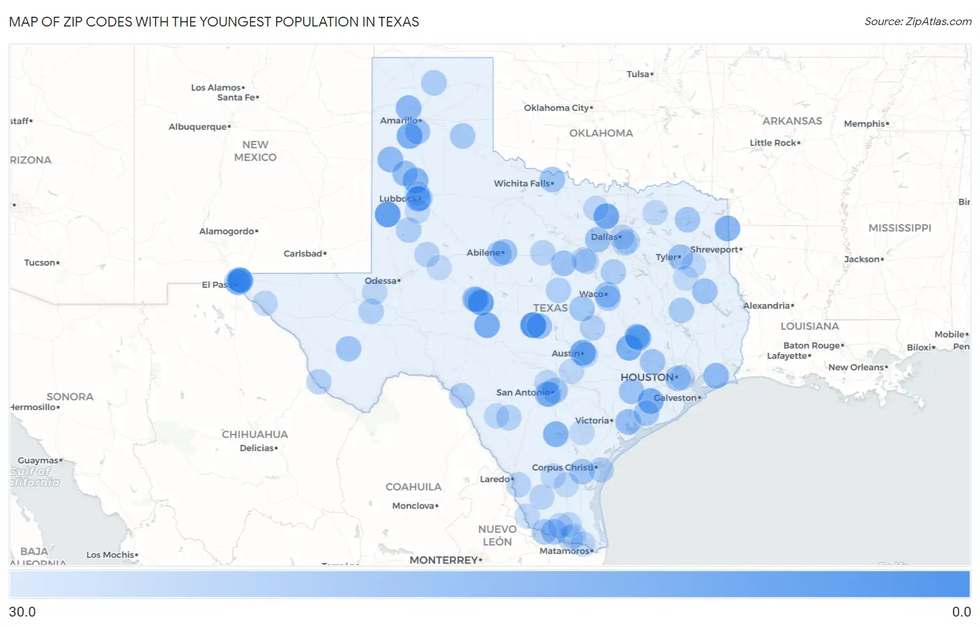 Zip Codes with the Youngest Population in Texas Map