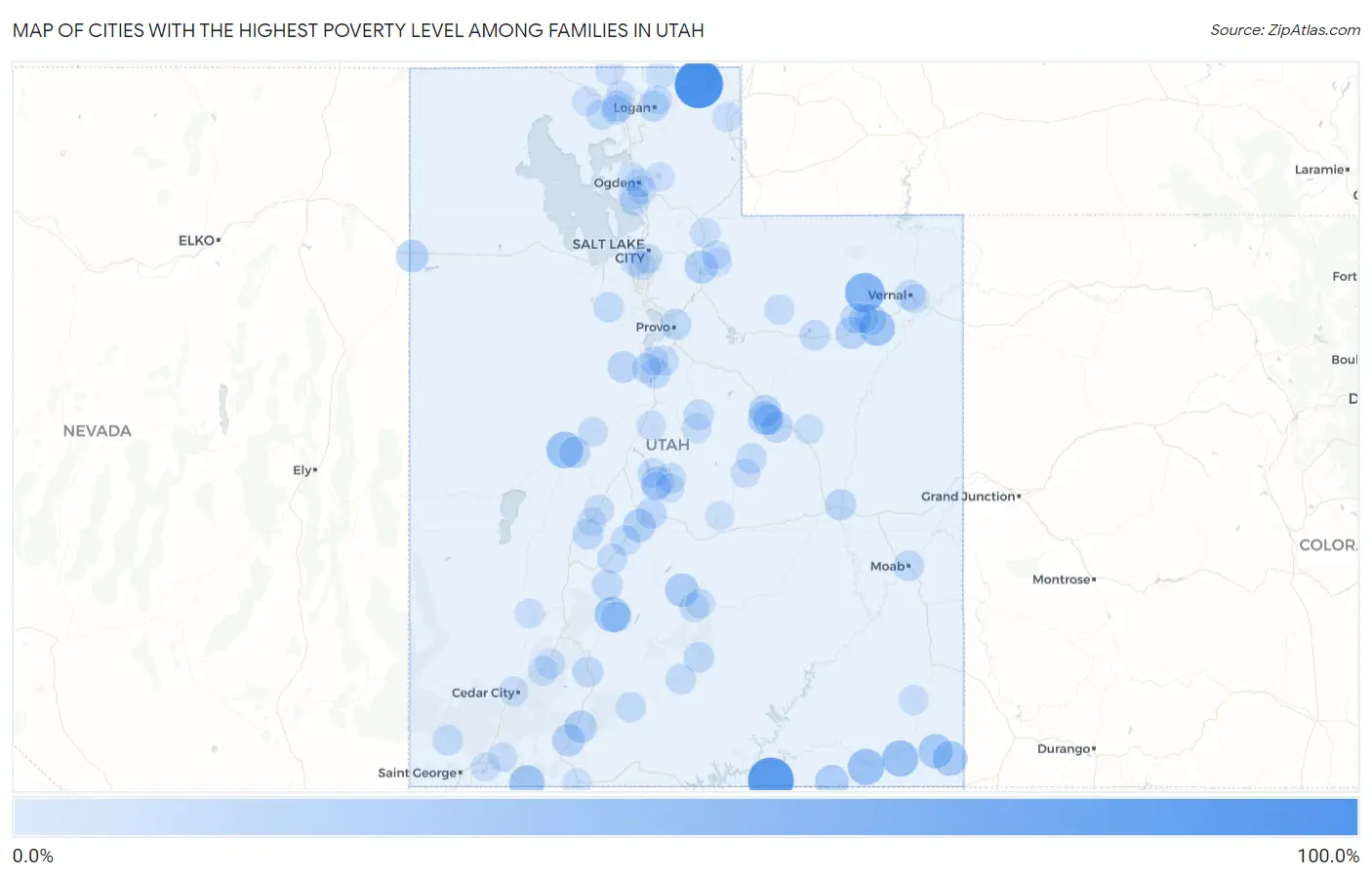 Cities with the Highest Poverty Level Among Families in Utah Map