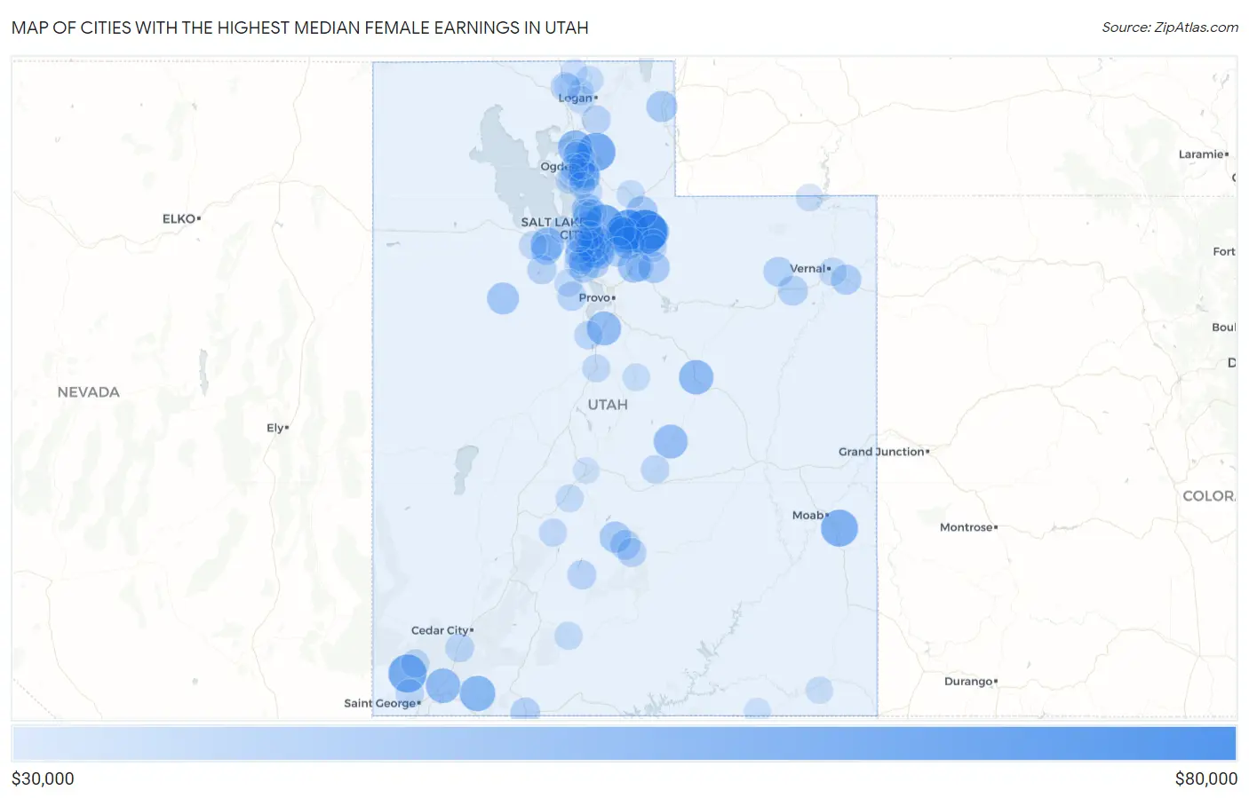 Cities with the Highest Median Female Earnings in Utah Map