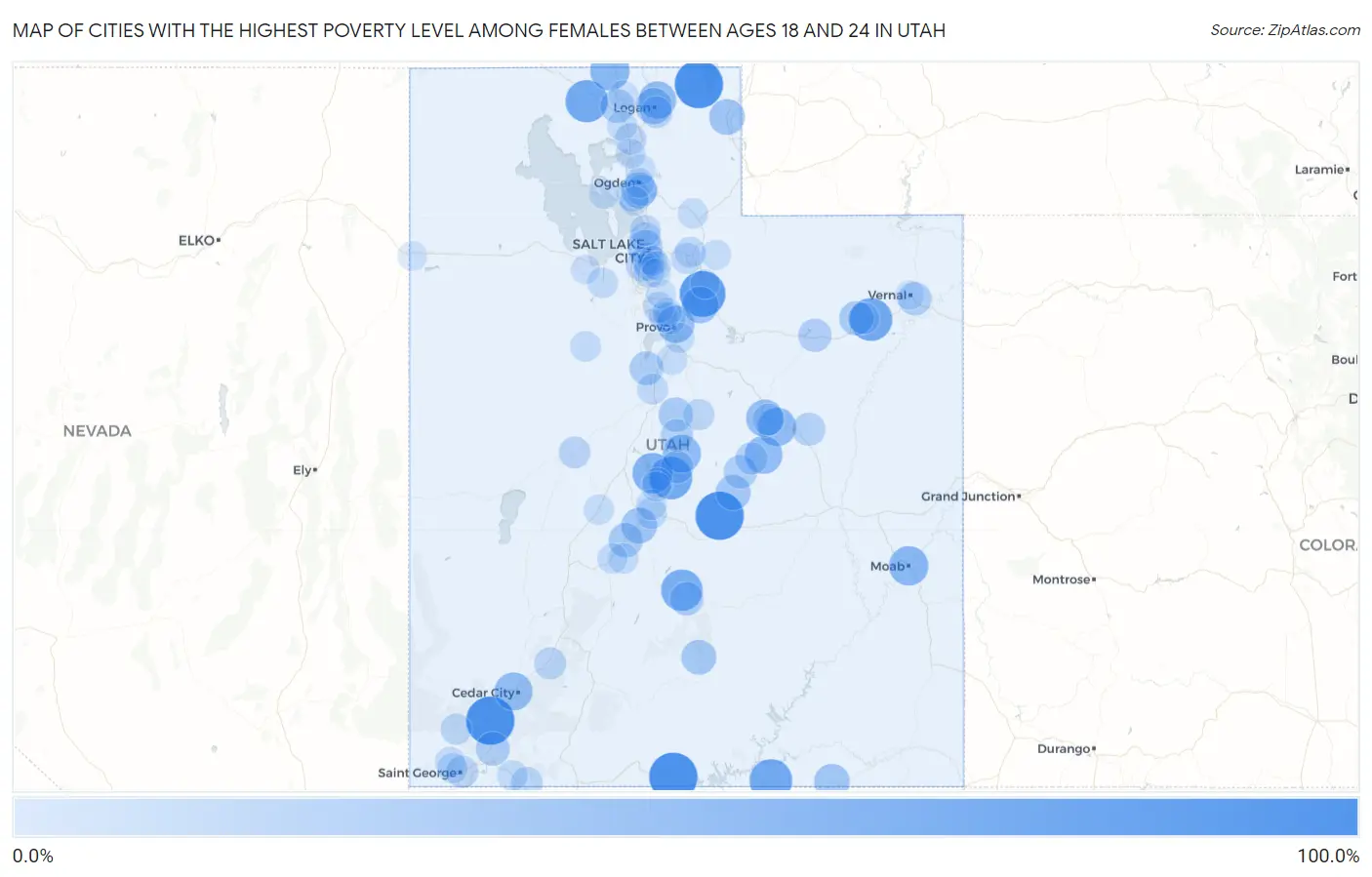 Cities with the Highest Poverty Level Among Females Between Ages 18 and 24 in Utah Map