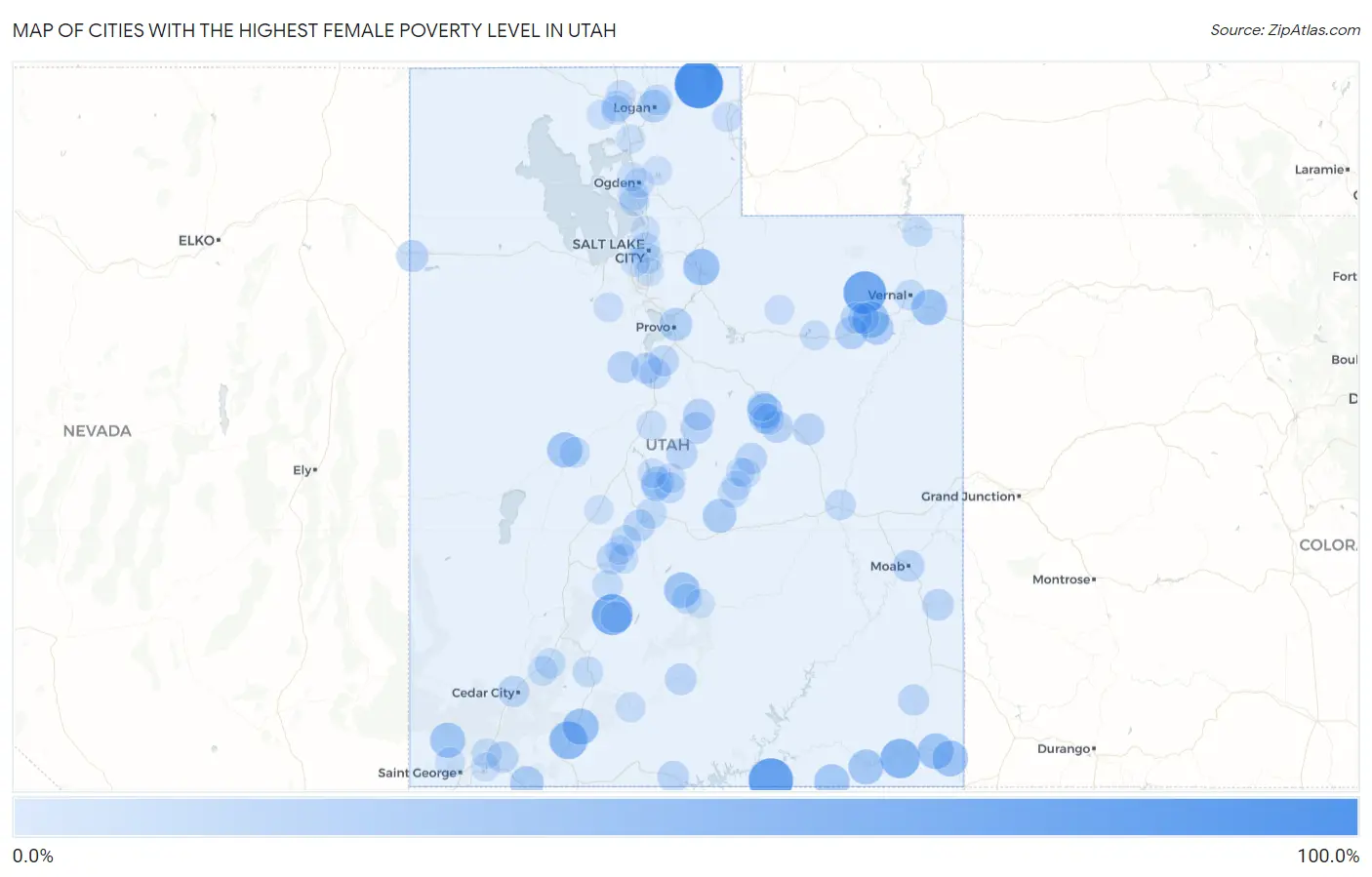 Cities with the Highest Female Poverty Level in Utah Map