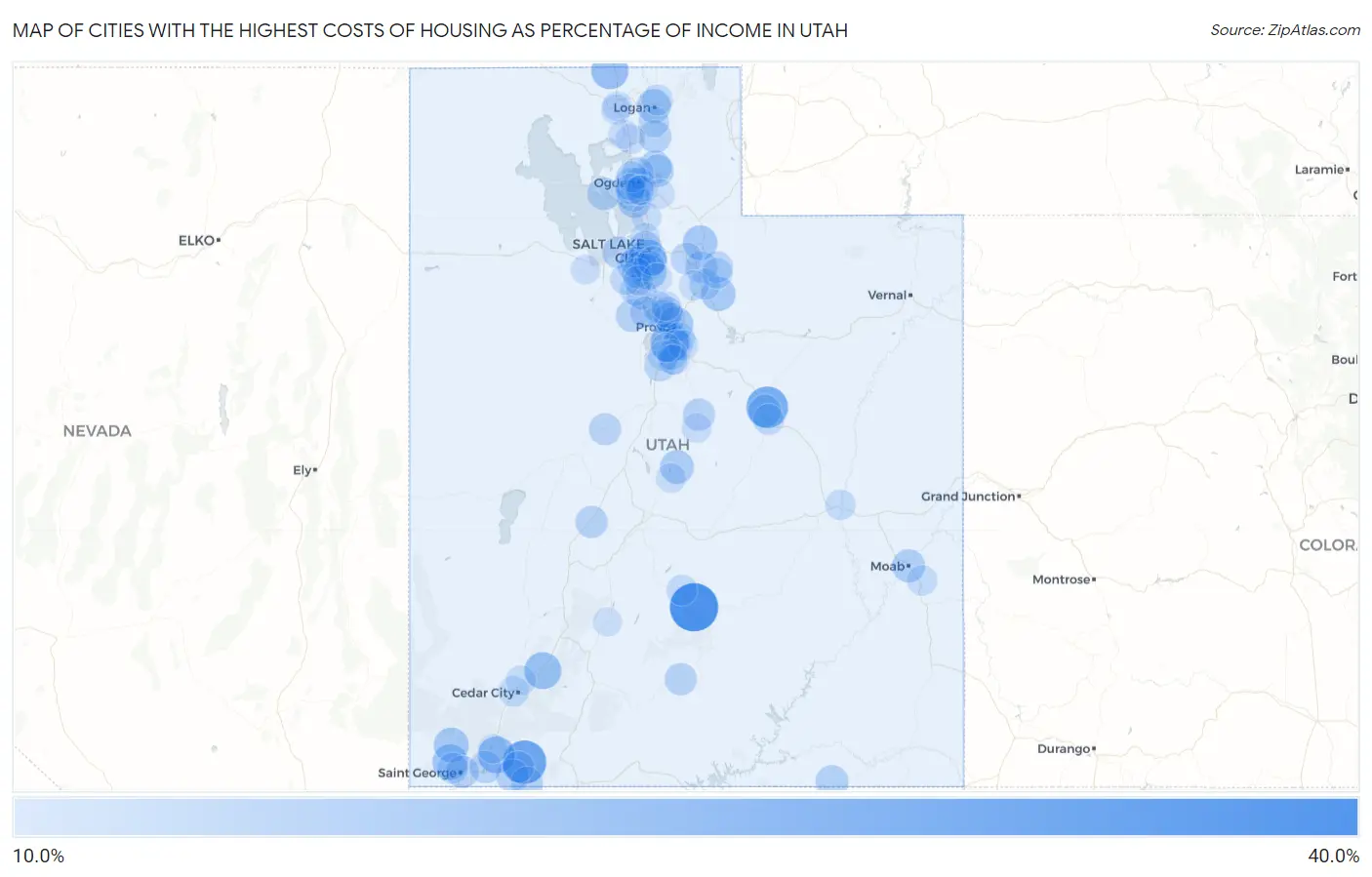 Cities with the Highest Costs of Housing as Percentage of Income in Utah Map