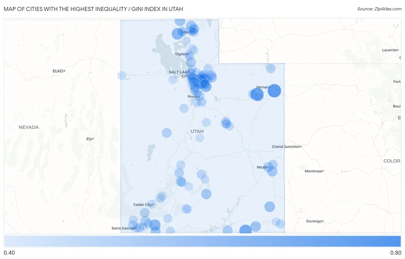 Cities with the Highest Inequality / Gini Index in Utah Map