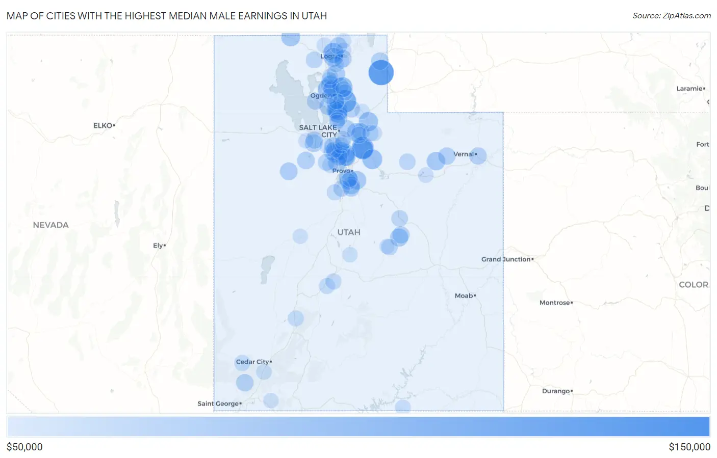 Cities with the Highest Median Male Earnings in Utah Map