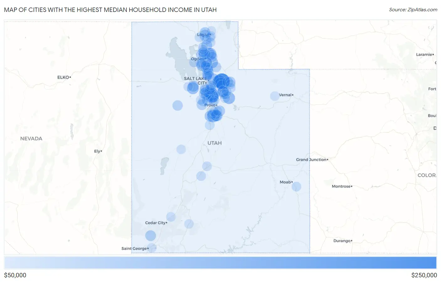 Cities with the Highest Median Household Income in Utah Map