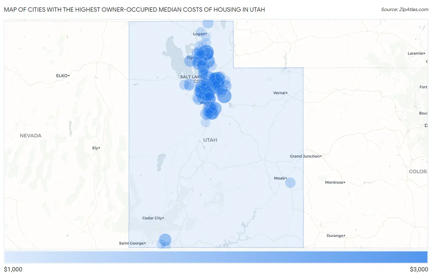 Cities with the Highest Owner-Occupied Median Costs of Housing in Utah Map