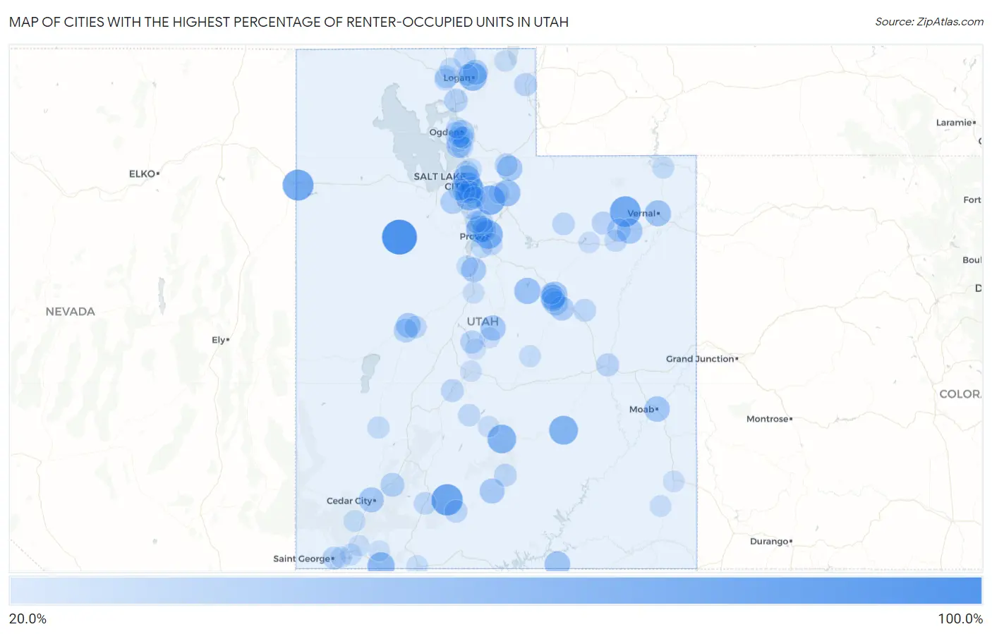 Cities with the Highest Percentage of Renter-Occupied Units in Utah Map