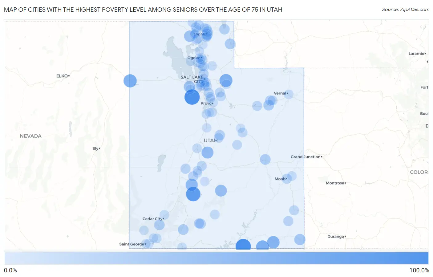 Cities with the Highest Poverty Level Among Seniors Over the Age of 75 in Utah Map