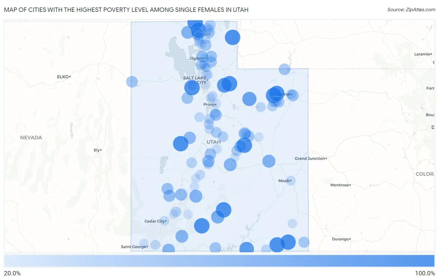 Cities with the Highest Poverty Level Among Single Females in Utah Map