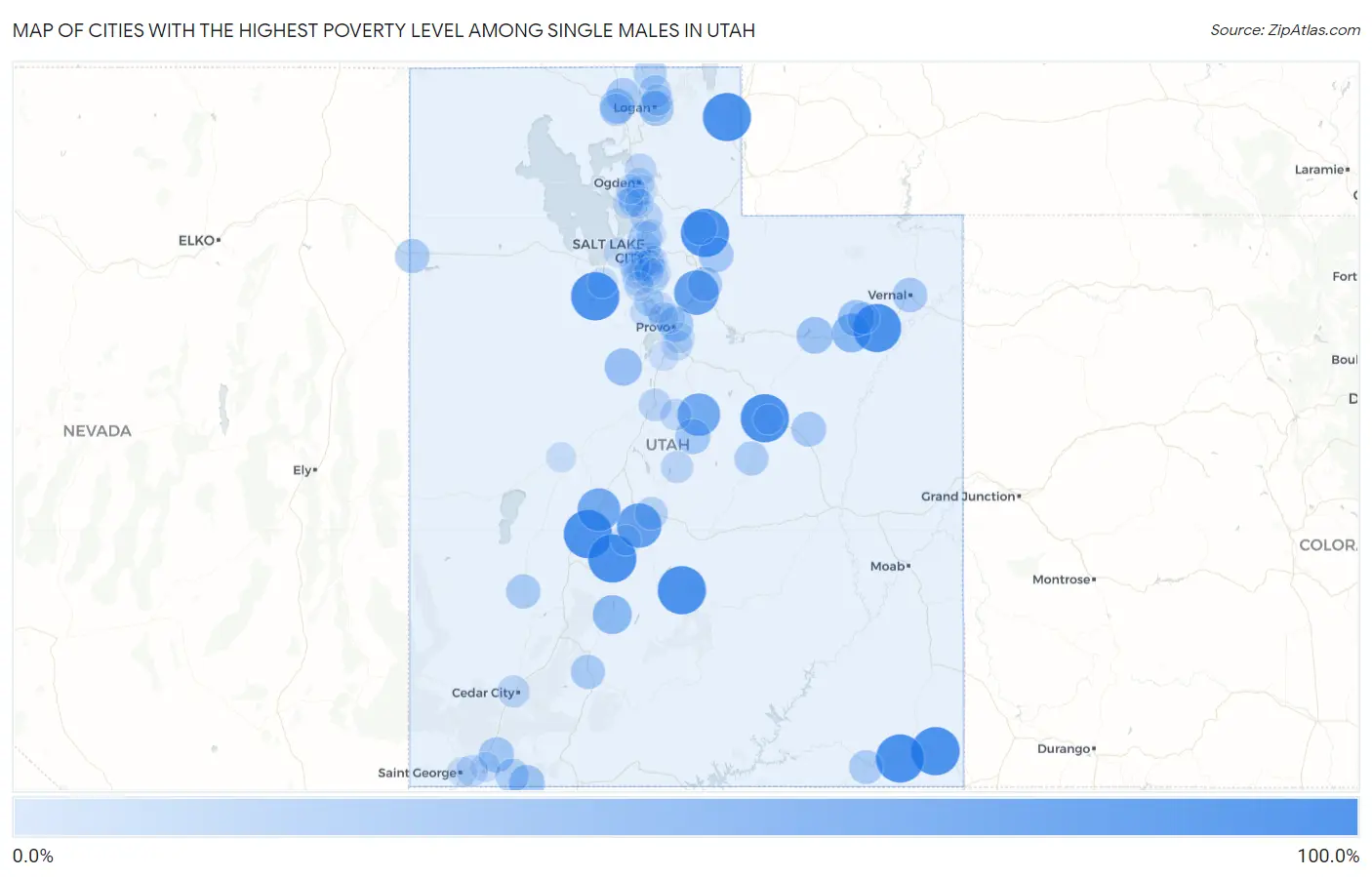 Cities with the Highest Poverty Level Among Single Males in Utah Map