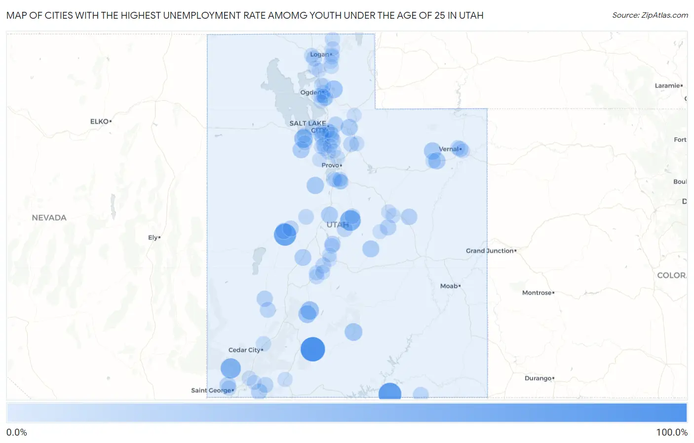 Cities with the Highest Unemployment Rate Amomg Youth Under the Age of 25 in Utah Map