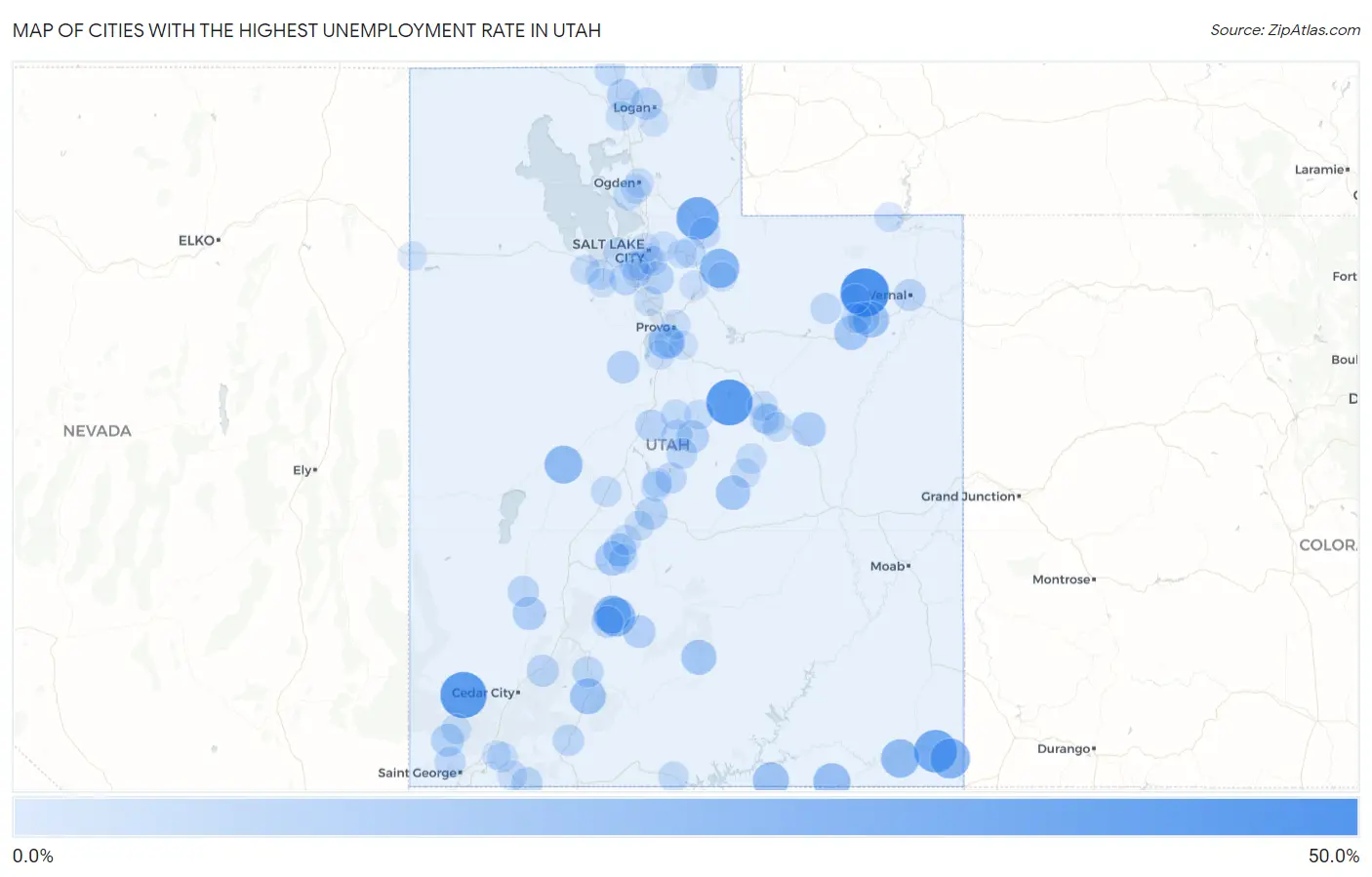 Cities with the Highest Unemployment Rate in Utah Map