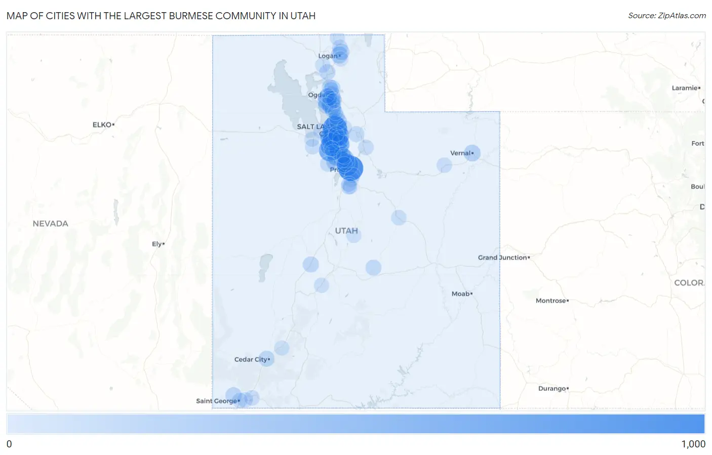 Cities with the Largest Burmese Community in Utah Map